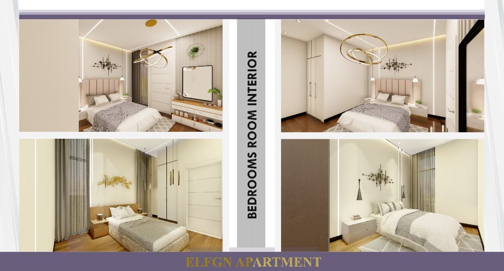 Master and guest bedroom interior suites with custom wardrobes, integrated headboard lighting, and warm wood flooring.