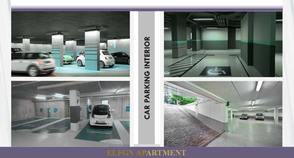 Multi-level underground car parking interior with vehicular ramps, accessibility parking bays, and integrated ceiling trough lighting.
