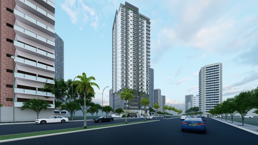Palm-lined boulevard perspective looking up at the high-rise residential tower and cantilevered volumes.