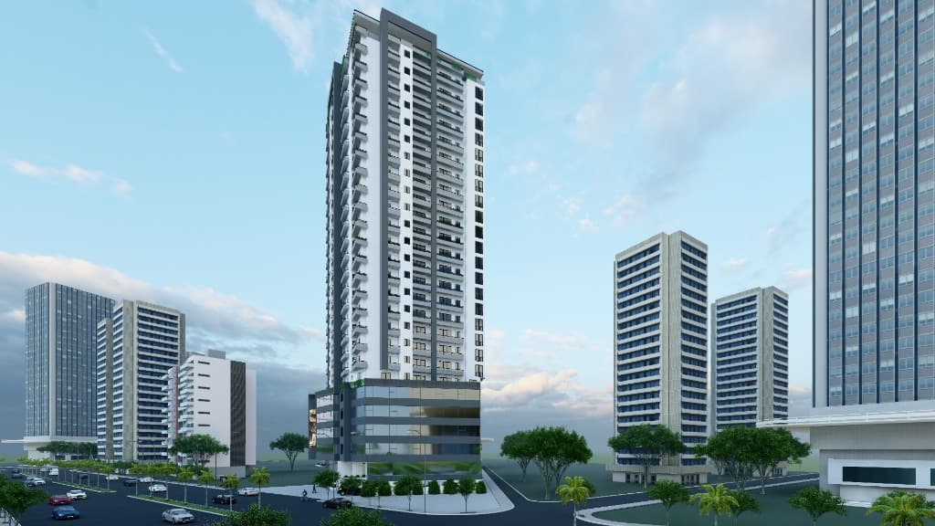 Master urban skyline perspective framing the Elfign residential high-rise tower.