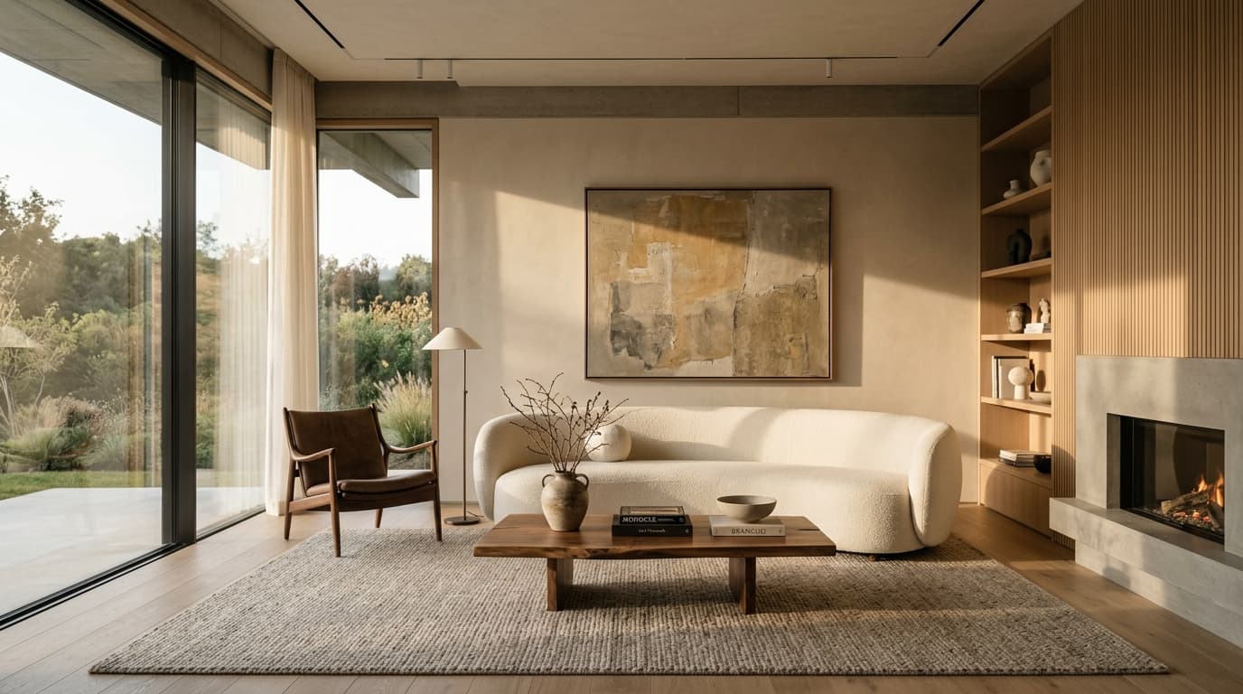 Tactile contrast between warm oak floor paneling and dark matte walls.